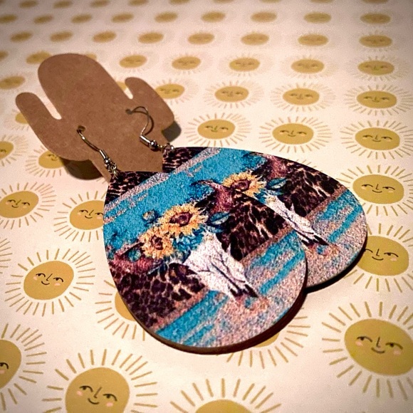 Floral Cow Skull Wood Earrings - Picture 1 of 3